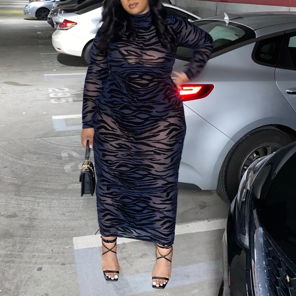 Fashion Nova Mesh Black Blue Zebra Print Dress